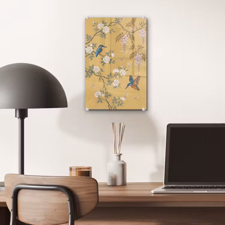 Glas schilderij - IJsvogels - Bloesem - Geel — 7