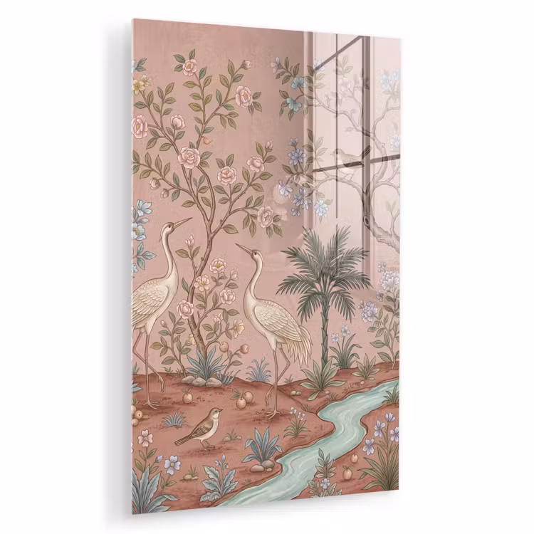 Glas schilderij - Nostalgisch - Reigers - Roze — 1