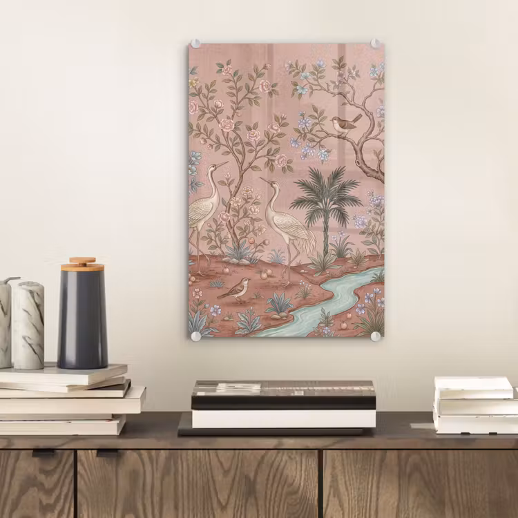 Glas schilderij - Nostalgisch - Reigers - Roze — 2
