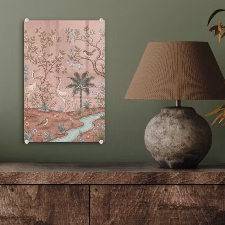 Glas schilderij - Nostalgisch - Reigers - Roze — 4