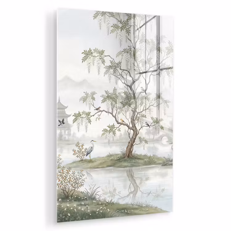 Glas schilderij - Reiger - Landschap - Groen — 1