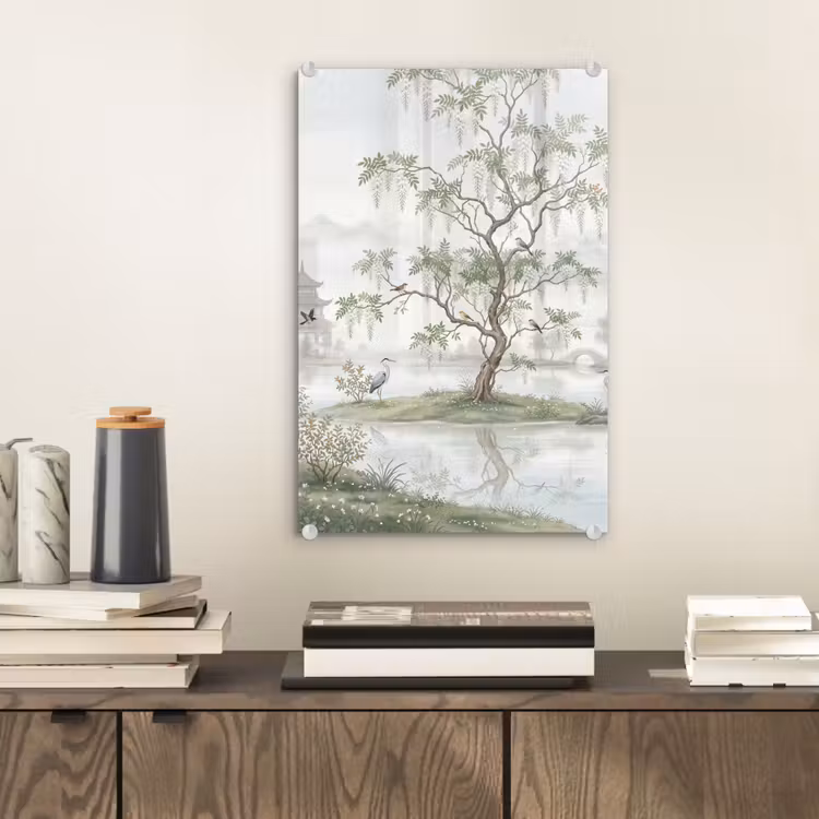 Glas schilderij - Reiger - Landschap - Groen — 2