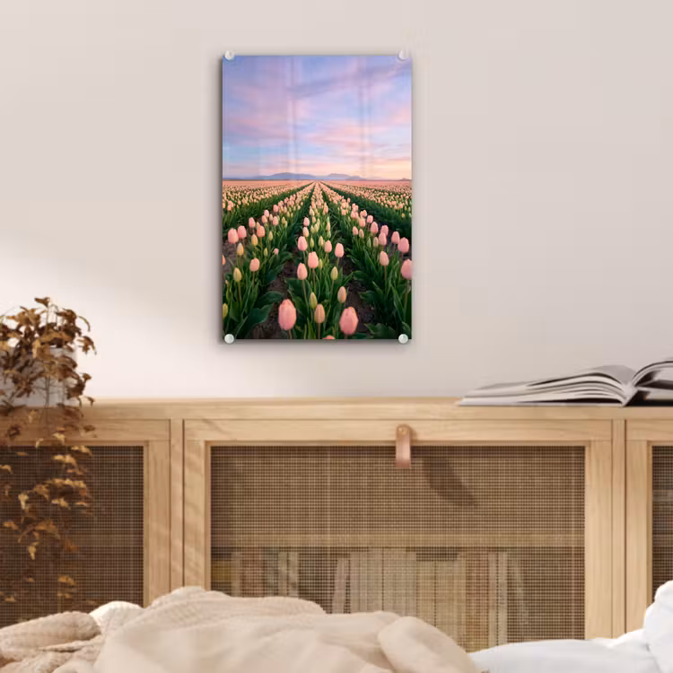 Glas schilderij - Tulpen - Landschap - Roze — 5