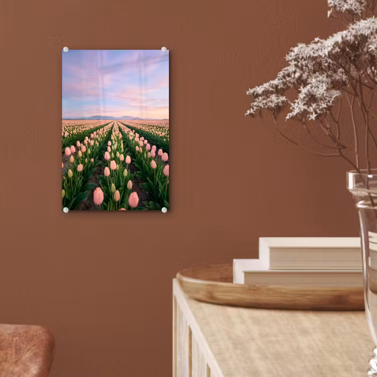 Glas schilderij - Tulpen - Landschap - Roze — 6