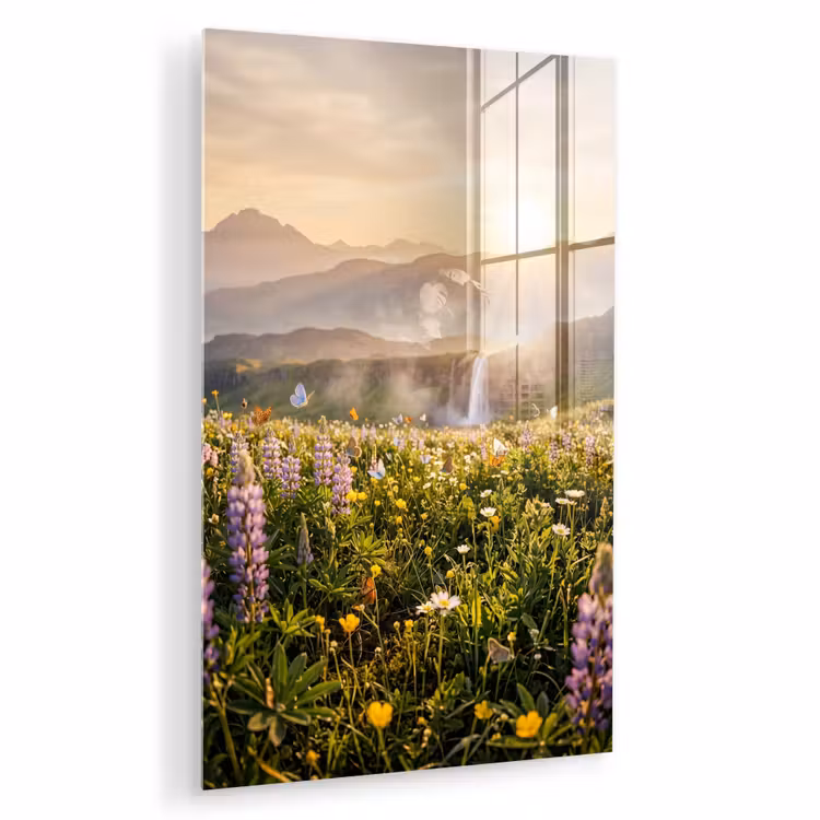 Glas schilderij - Vlinders - Waterval - Bloemenveld — 1