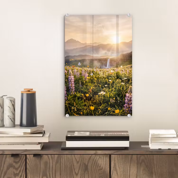 Glas schilderij - Vlinders - Waterval - Bloemenveld — 2