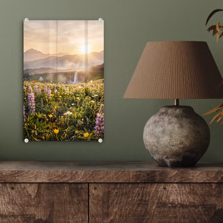 Glas schilderij - Vlinders - Waterval - Bloemenveld — 4