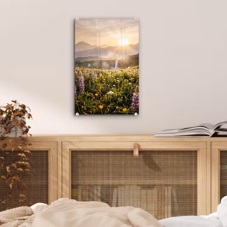 Glas schilderij - Vlinders - Waterval - Bloemenveld — 5