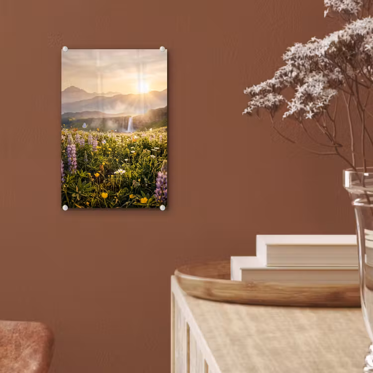 Glas schilderij - Vlinders - Waterval - Bloemenveld — 6