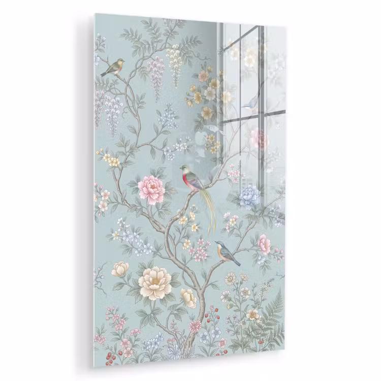 Glas schilderij - Vogel - Bloemen - Kleurrijk — 1