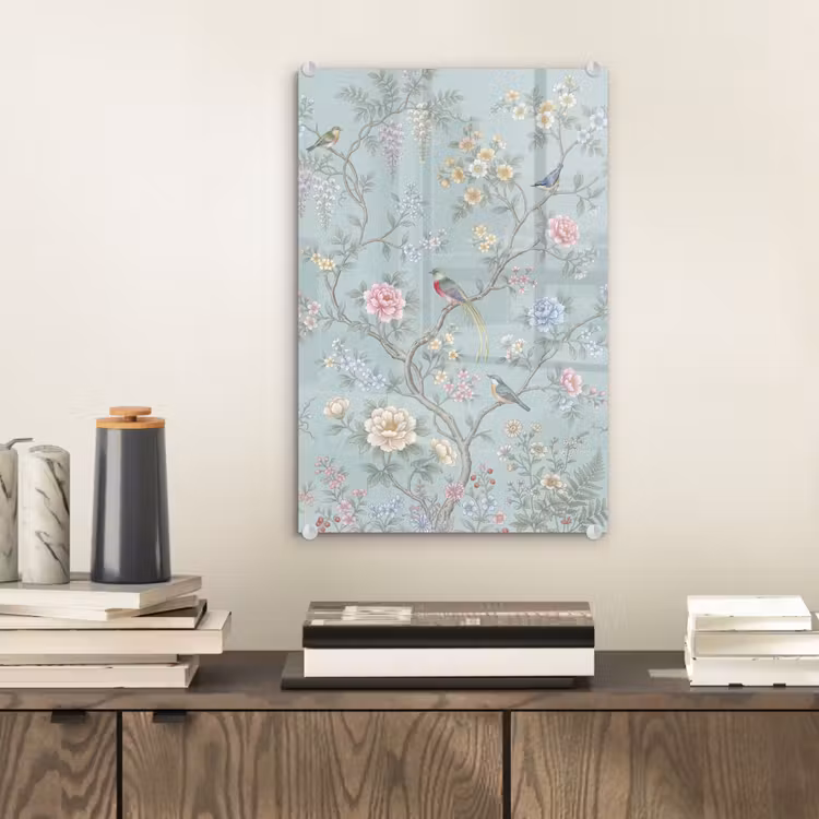 Glas schilderij - Vogel - Bloemen - Kleurrijk — 2