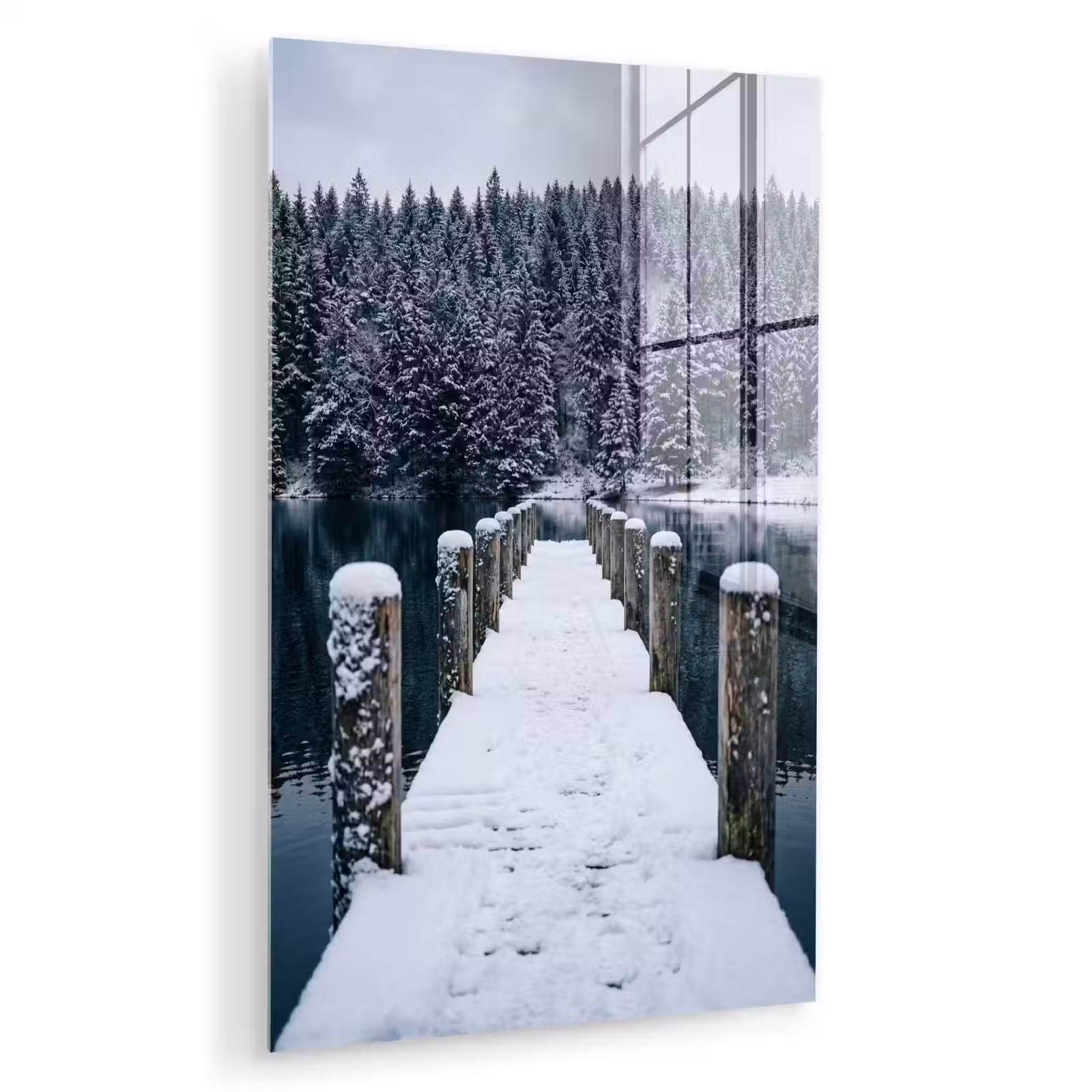 Glas schilderij - Steiger - Meer - Sneeuw - Bergen - Rustgevend — 1