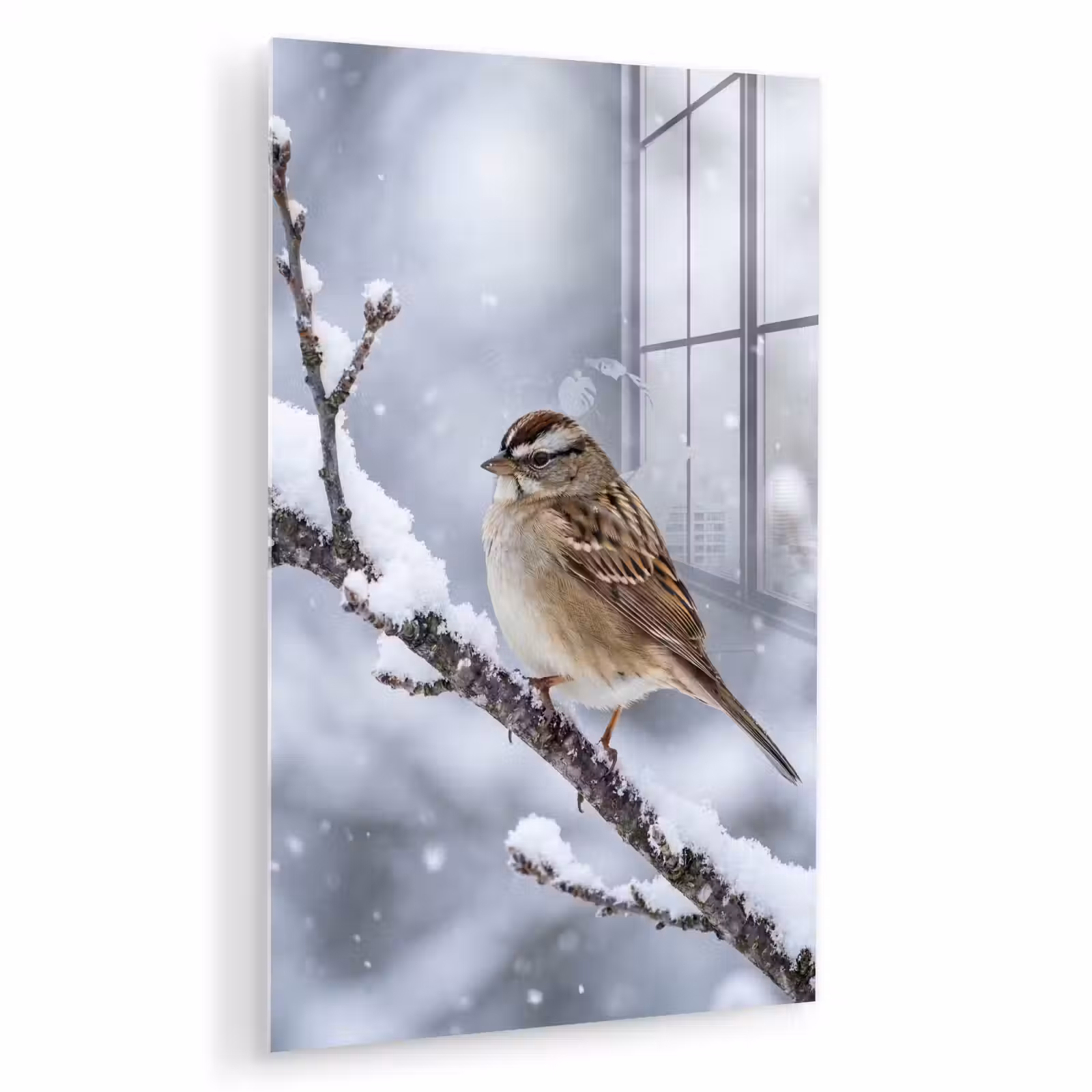 Glas schilderij - Vogel - Tak - Sneeuw - Winter — 1