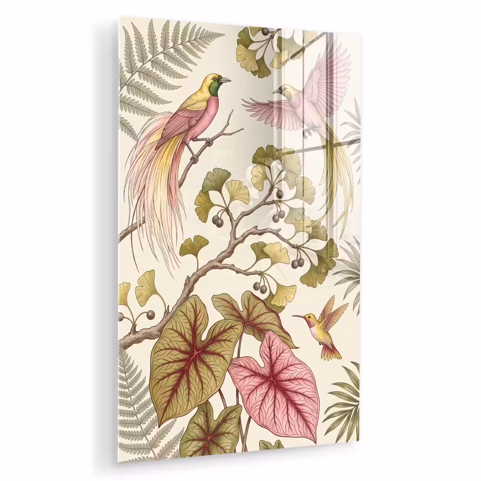 Glas schilderij - Vogels - Tropisch - Botanisch - Roze — 1