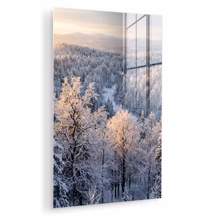 Glas schilderij - Bos - Bergen - Goud - Winter - Warm — 1