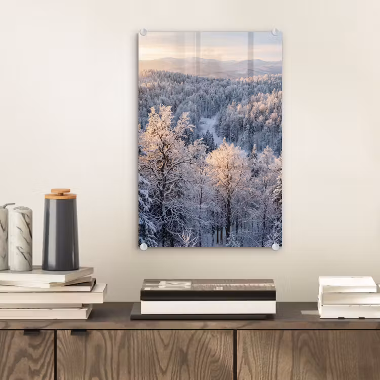 Glas schilderij - Bos - Bergen - Goud - Winter - Warm — 2