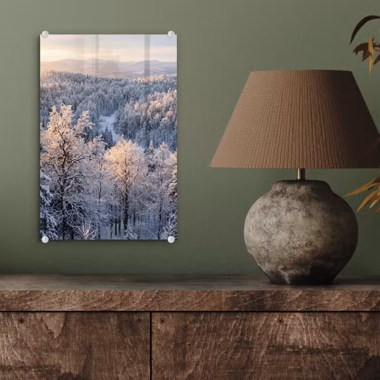 Glas schilderij - Bos - Bergen - Goud - Winter - Warm — 4