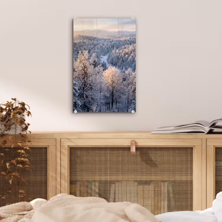 Glas schilderij - Bos - Bergen - Goud - Winter - Warm — 5