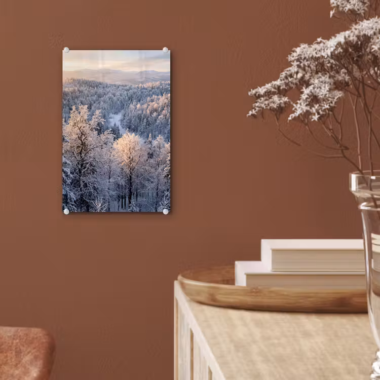 Glas schilderij - Bos - Bergen - Goud - Winter - Warm — 6