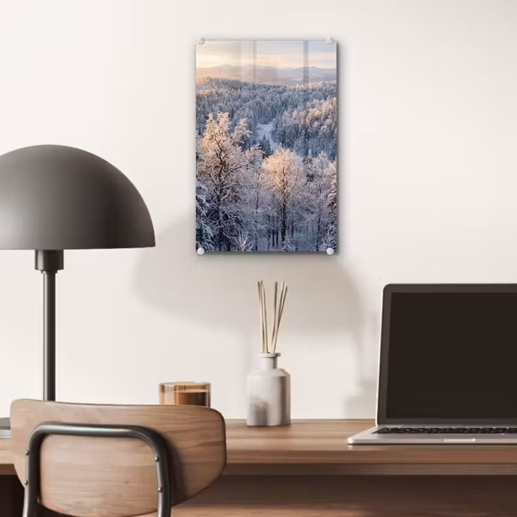Glas schilderij - Bos - Bergen - Goud - Winter - Warm — 7