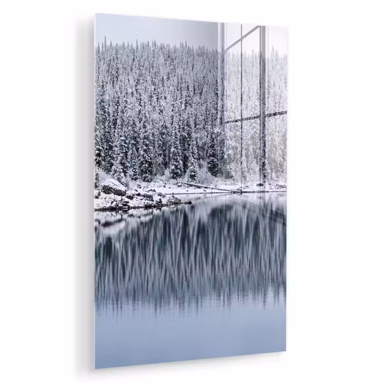 Glas schilderij - Bos - Reflectie - Meer - Winter - Serene — 1
