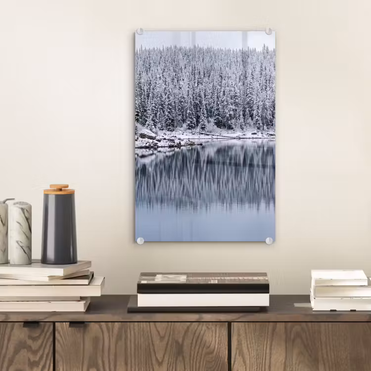 Glas schilderij - Bos - Reflectie - Meer - Winter - Serene — 2