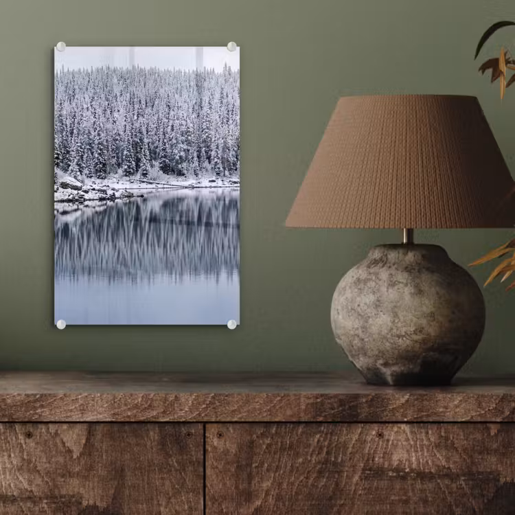 Glas schilderij - Bos - Reflectie - Meer - Winter - Serene — 4