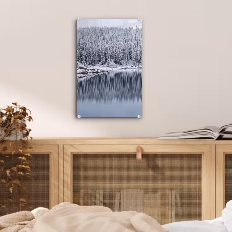 Glas schilderij - Bos - Reflectie - Meer - Winter - Serene — 5