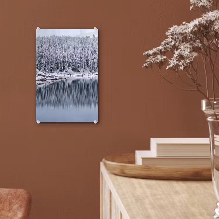 Glas schilderij - Bos - Reflectie - Meer - Winter - Serene — 6