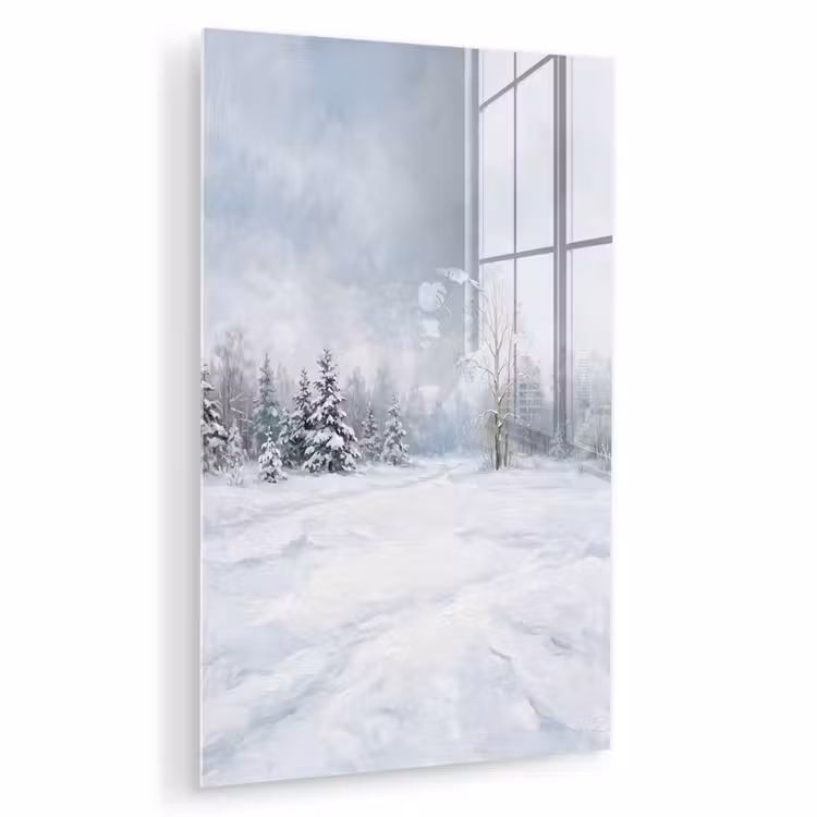 Glas schilderij - Bospad - Dennen - Sneeuw - Winter - Rustgevend — 1