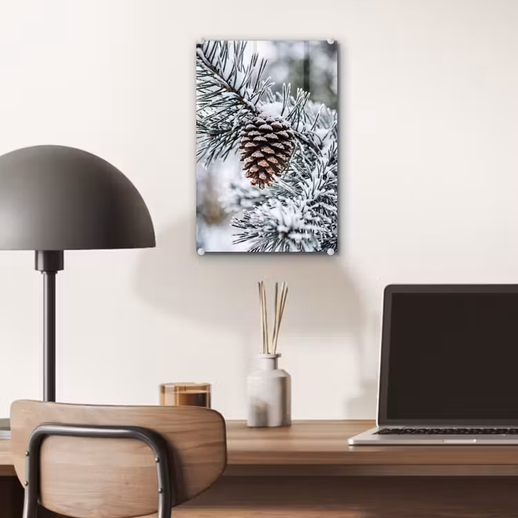 Glas schilderij - Dennenappel - Tak - Sneeuw - Winter - Sfeervol — 7