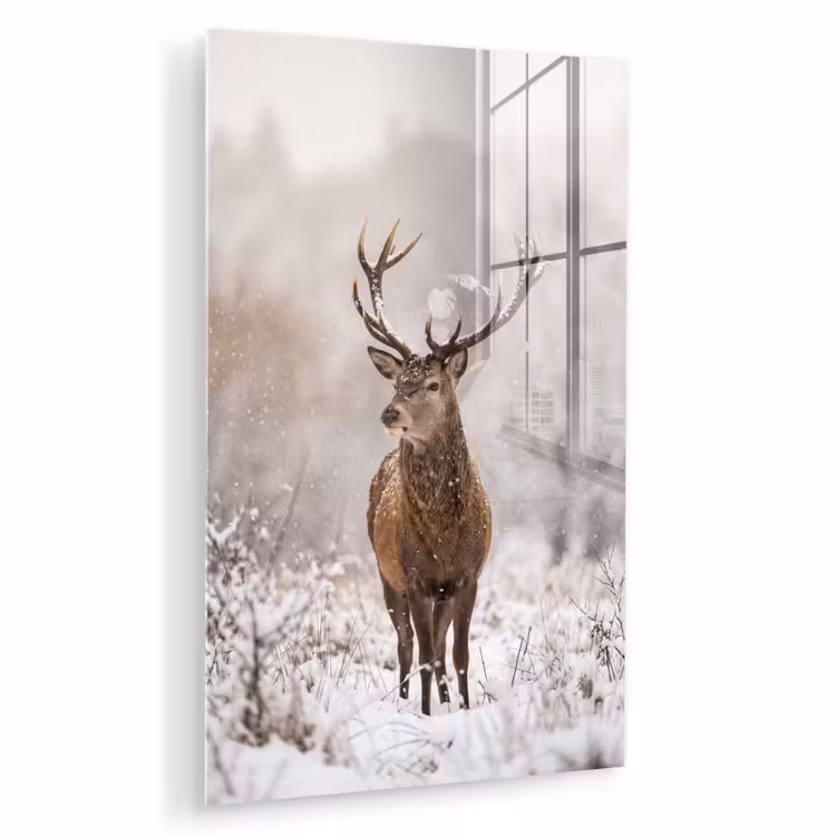 Glas schilderij - Edelhert - Bos - Sneeuw - Winter - Majestueus — 1