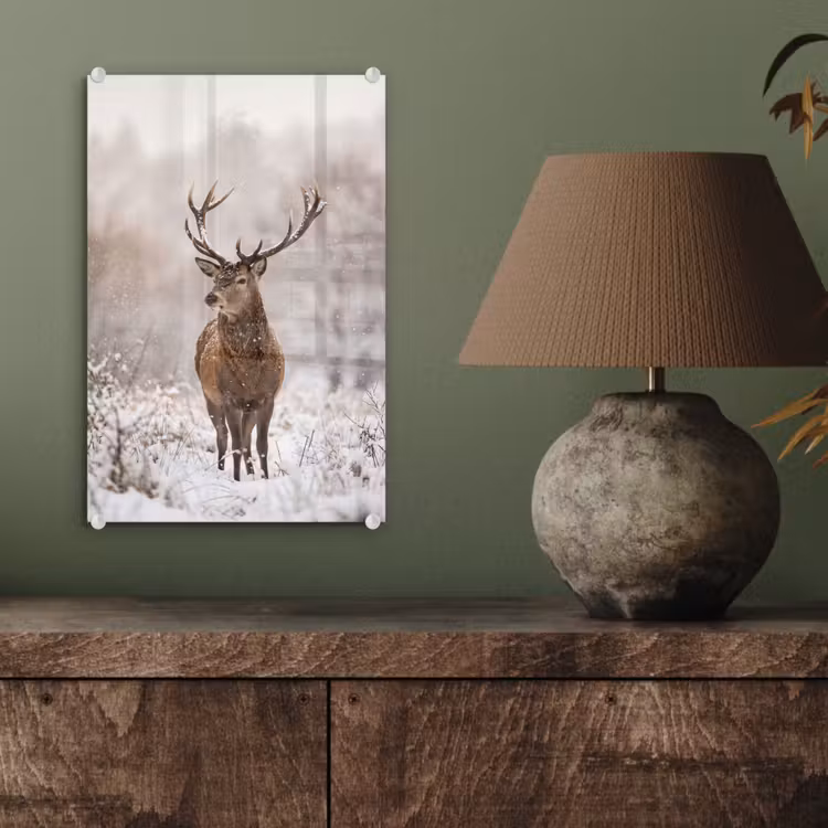 Glas schilderij - Edelhert - Bos - Sneeuw - Winter - Majestueus — 4