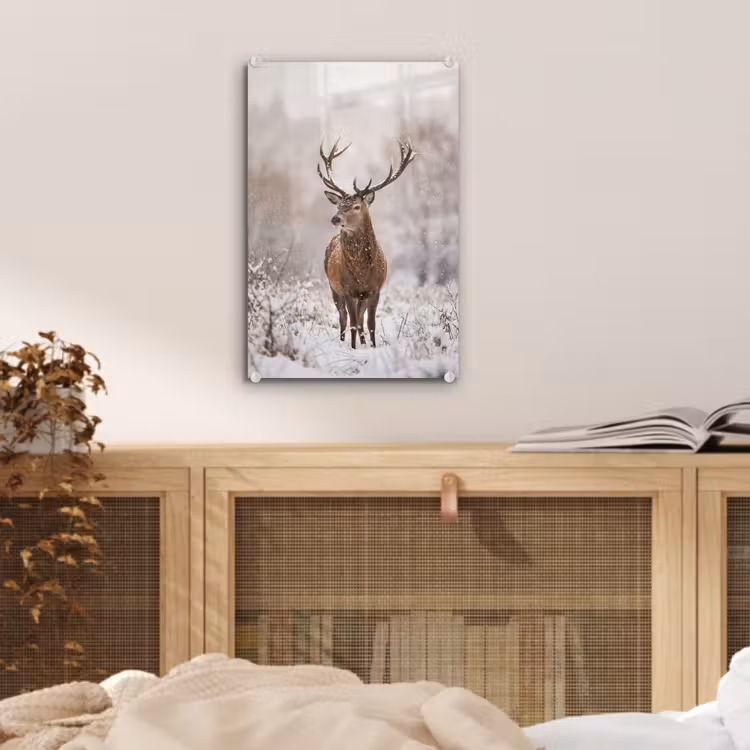 Glas schilderij - Edelhert - Bos - Sneeuw - Winter - Majestueus — 5