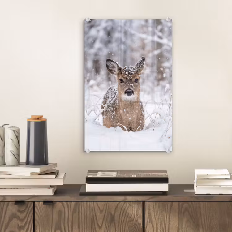 Glas schilderij - Hert - Sneeuw - Bos - Dieren - Vertederend — 2