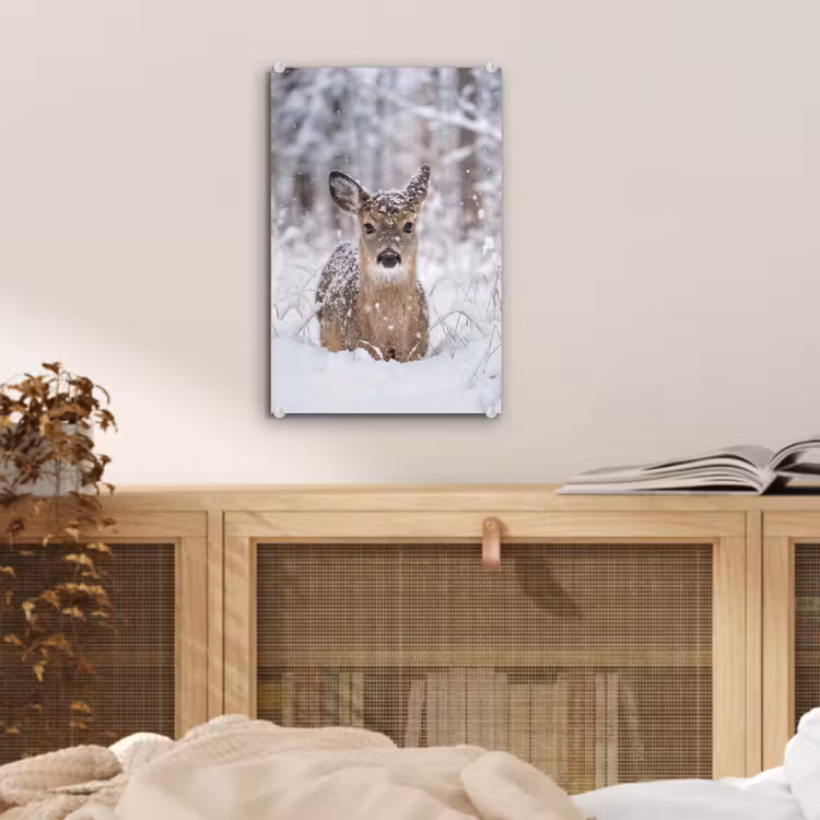 Glas schilderij - Hert - Sneeuw - Bos - Dieren - Vertederend — 5