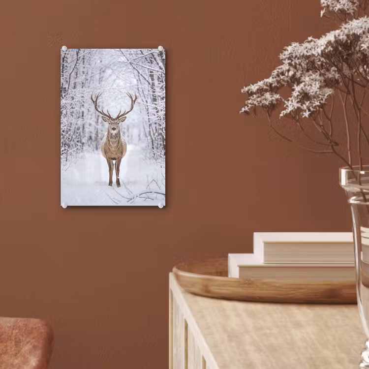 Glas schilderij - Hert - Winter - Bos - Natuur - Wit — 6