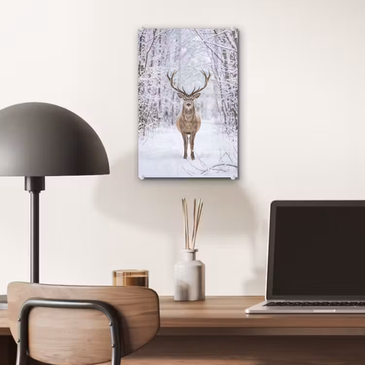 Glas schilderij - Hert - Winter - Bos - Natuur - Wit — 7