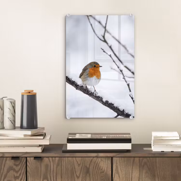 Glas schilderij - Roodborstje - Tak - Sneeuw - Winter - Levendig — 2