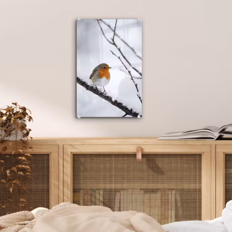 Glas schilderij - Roodborstje - Tak - Sneeuw - Winter - Levendig — 5