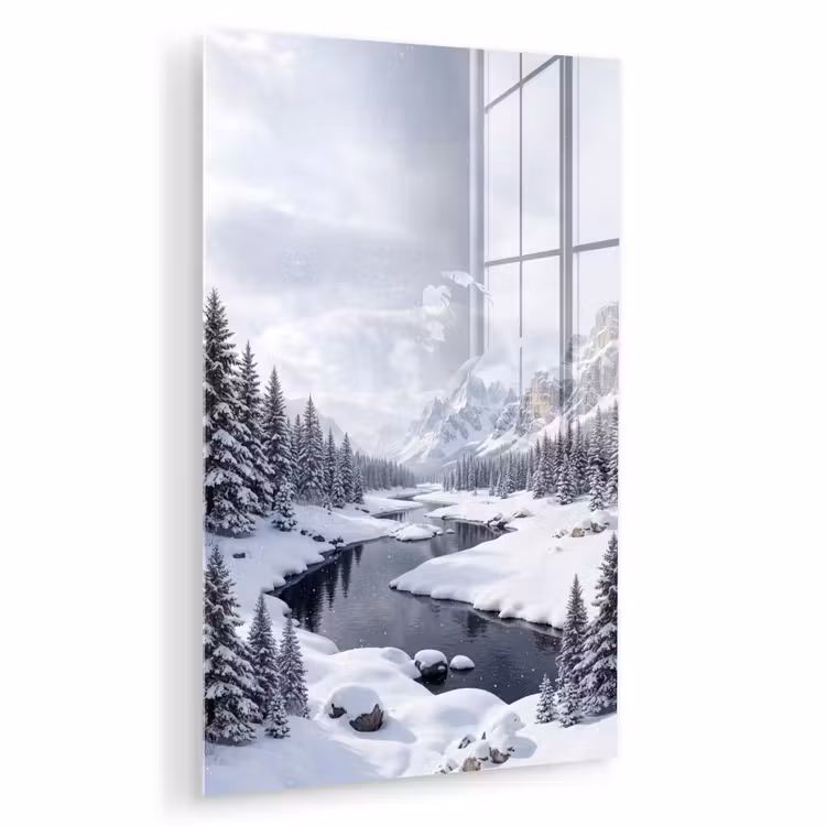 Glas schilderij - Sneeuwlandschap - Bergen - Rivier - Winter — 1