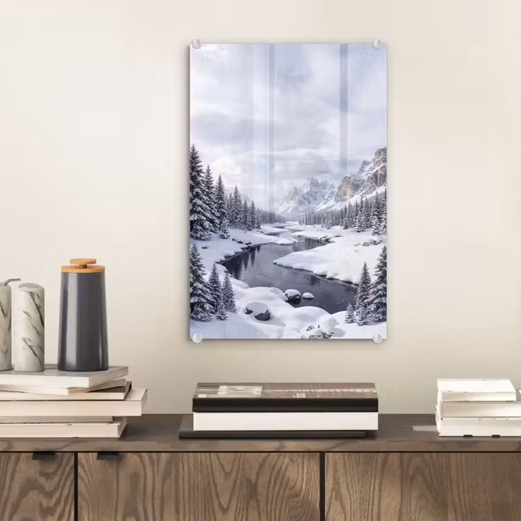 Glas schilderij - Sneeuwlandschap - Bergen - Rivier - Winter — 2