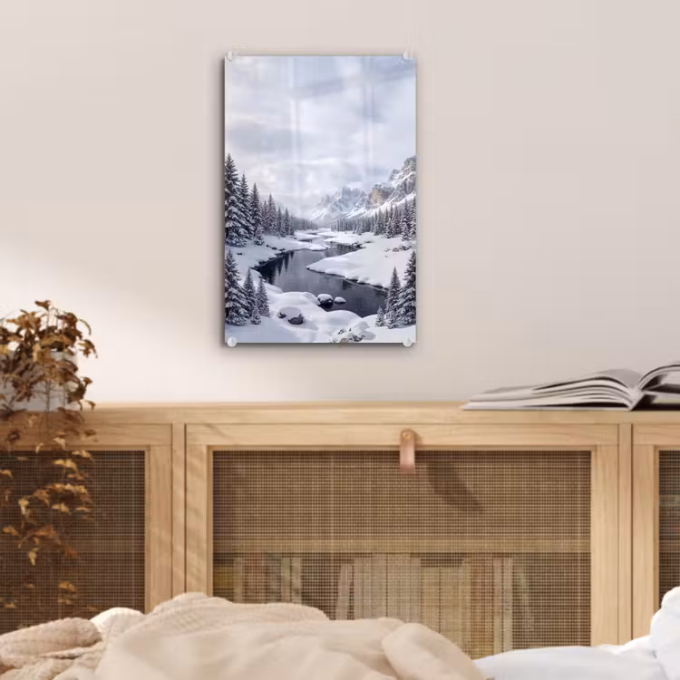 Glas schilderij - Sneeuwlandschap - Bergen - Rivier - Winter — 5