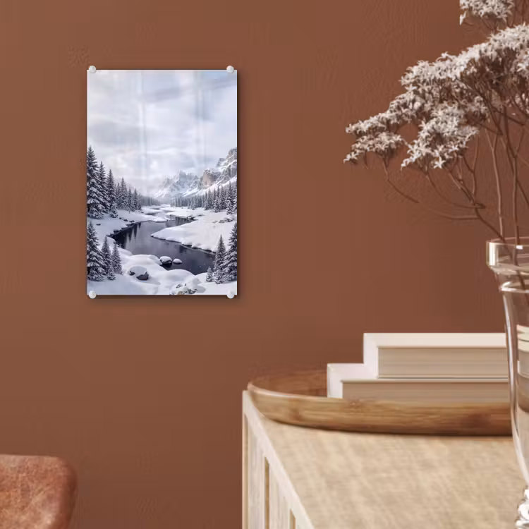 Glas schilderij - Sneeuwlandschap - Bergen - Rivier - Winter — 6