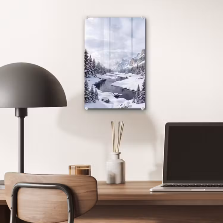 Glas schilderij - Sneeuwlandschap - Bergen - Rivier - Winter — 7