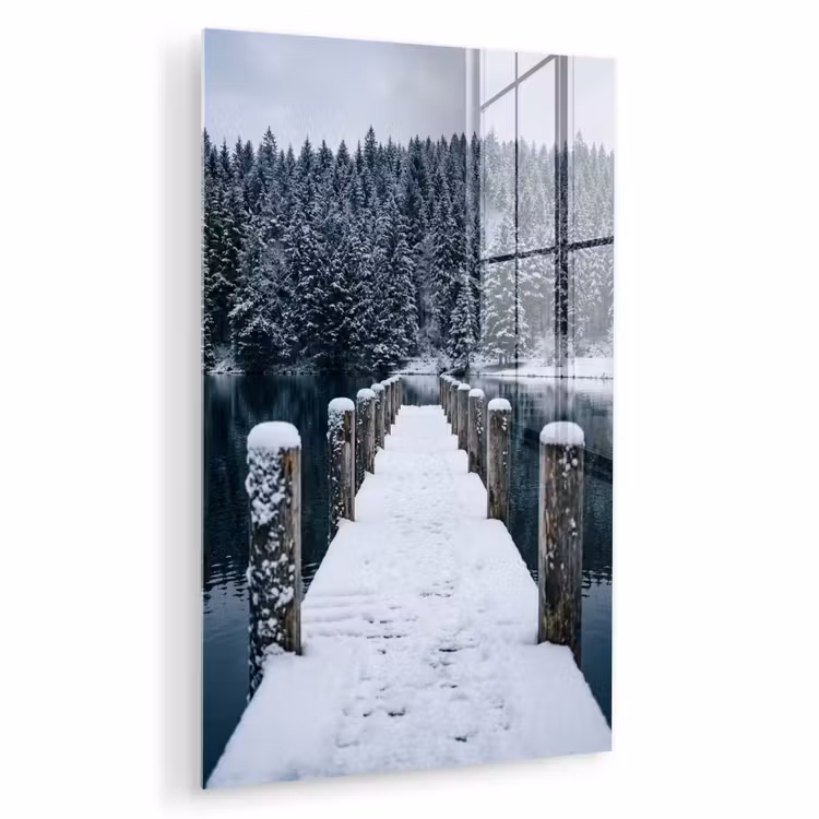 Glas schilderij - Steiger - Meer - Sneeuw - Bergen - Rustgevend — 1