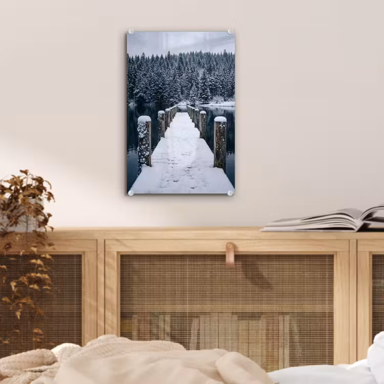 Glas schilderij - Steiger - Meer - Sneeuw - Bergen - Rustgevend — 5