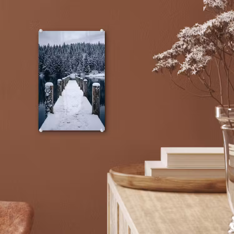 Glas schilderij - Steiger - Meer - Sneeuw - Bergen - Rustgevend — 6
