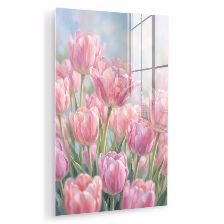 Glas schilderij - Tulpen - Veld - Lente - Roze — 1
