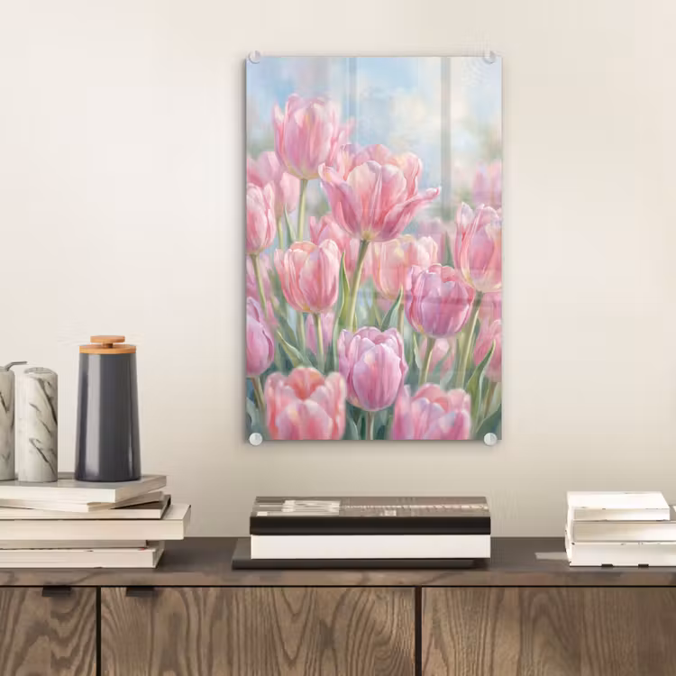 Glas schilderij - Tulpen - Veld - Lente - Roze — 2